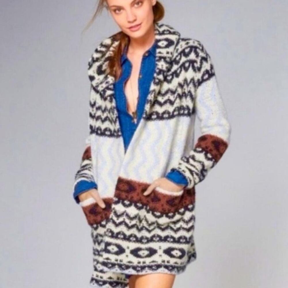 Abercrombie & Fitch Tribal & Geometric Pattern Open Knit Sweater with Hood